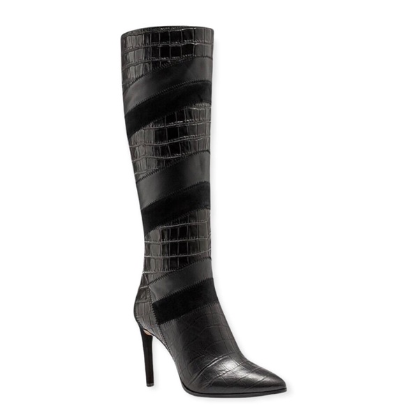 Vince Camuto Saraalan Black Leather Snakeprint Knee Boots - Picture 1 of 8